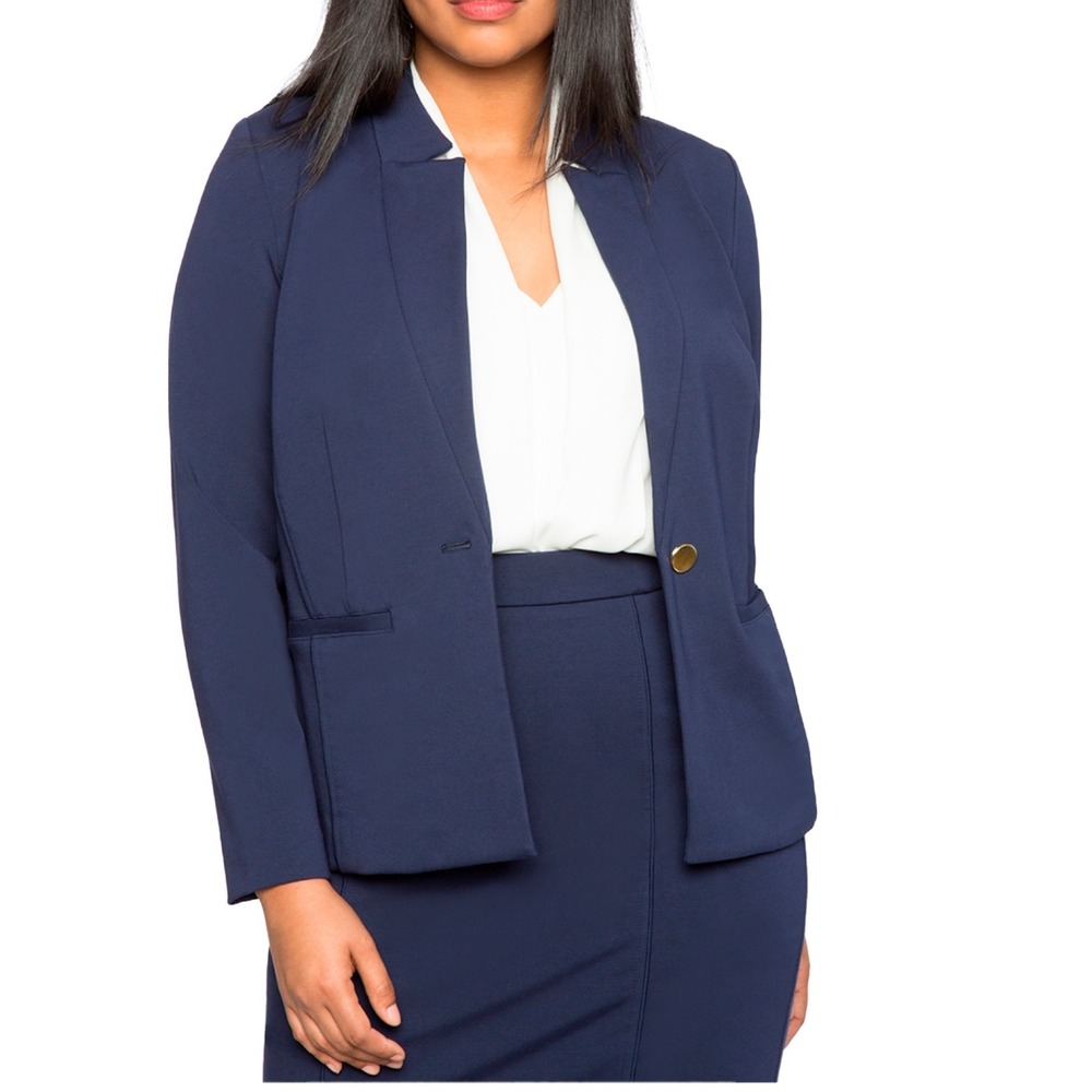 Eloquii Blazer Navy Gold Button Lined‎ Jacket Plus Sz 22W Stretch Preppy Career